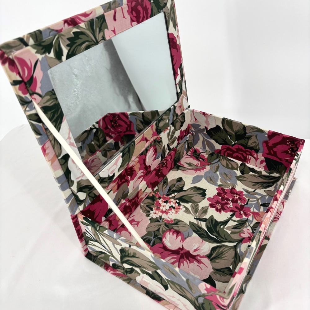 Vintage 1992 Floral Fabric Jewelry Box with Mirror Pink Rose Cottagecore Storage